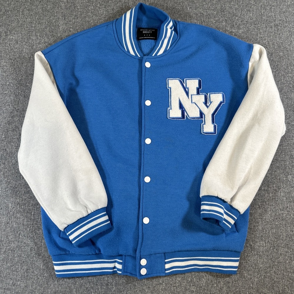 Streetwear Society NY Varsity Jacket Blue‎ White Snap Front Fleece Size S